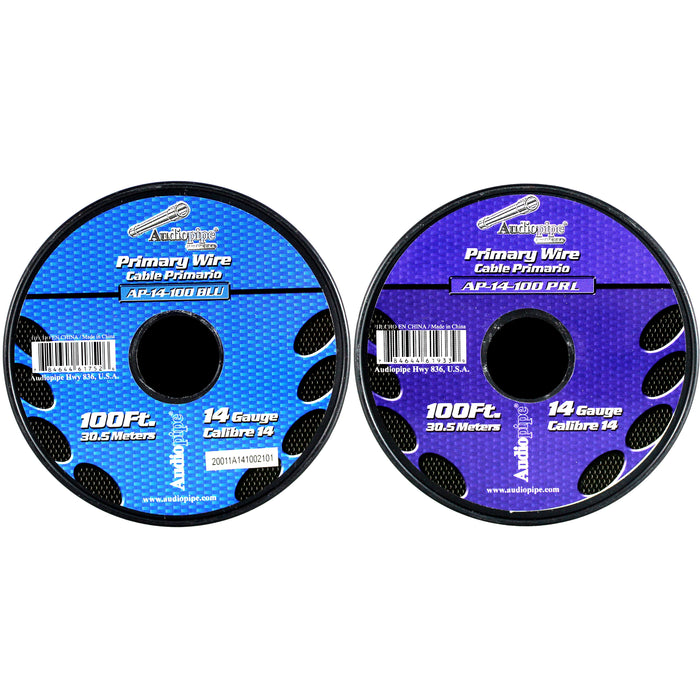 Audiopipe 2 Pack Of 14ga 100ft CCA Primary Ground Power Remote Wire Purple/Blue