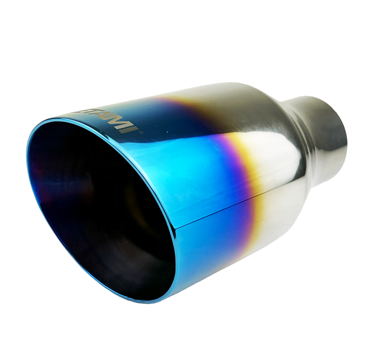 Single Round Slant Cut Exhaust Tip Blue Burnt Flame Auto Product Makers NT-2579