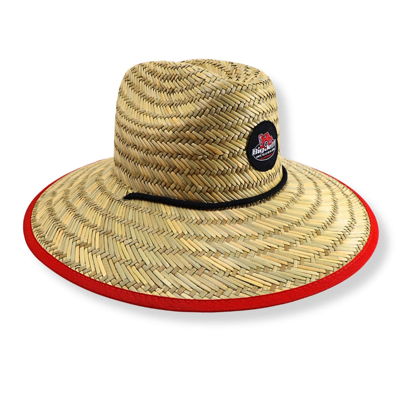 Big Jeff Audio wide brim straw sun hat made from 100% natural grass with red trim and Big Jeff Audio logo patch. Hat Sideways View