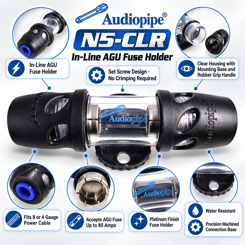 Audiopipe N5-CLR In-Line AGU Fuse Holder 4/8 AWG <80 Amp Water Resistant Clear