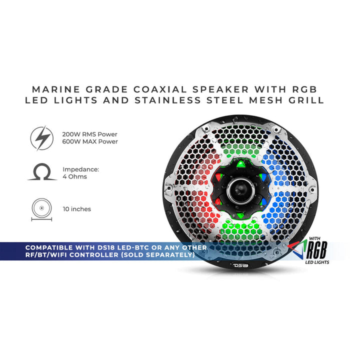DS18 Pair 10" 2-Way 1800W 4 Ohm Marine Speakers with Bullet Tweeter & RGB-Black