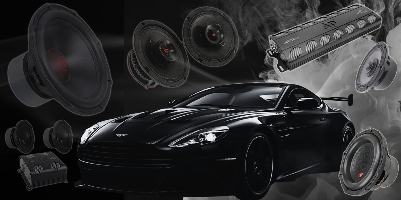Audiopipe banner background. black with luxury car coming in from the right and WhiteSmoke coming in from behind it. An array of subwoofers, speakers, and amplifiers.