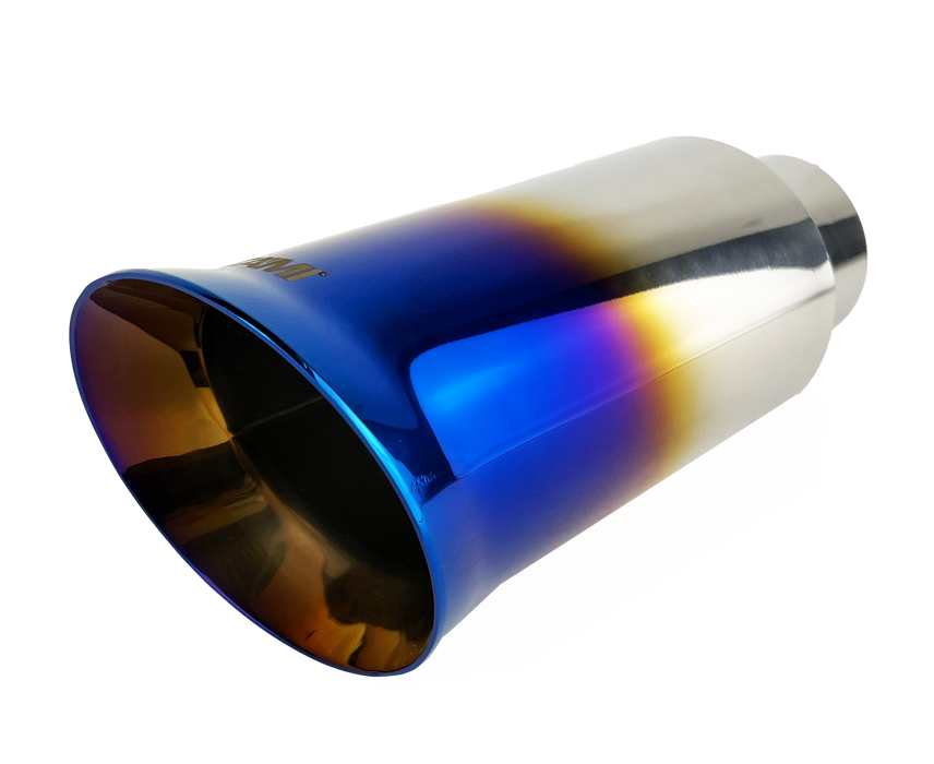 Single Round Slant Cut Exhaust Tip Blue Burnt Flame Auto Product Makers NT-2469