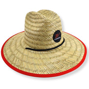 Shop the B2 Audio Wide Brim Straw Hat made from 100% natural grass with a wide brim, red trim, and B2 Audio details. Perfect for car shows and outdoor events. Hat Sideways view