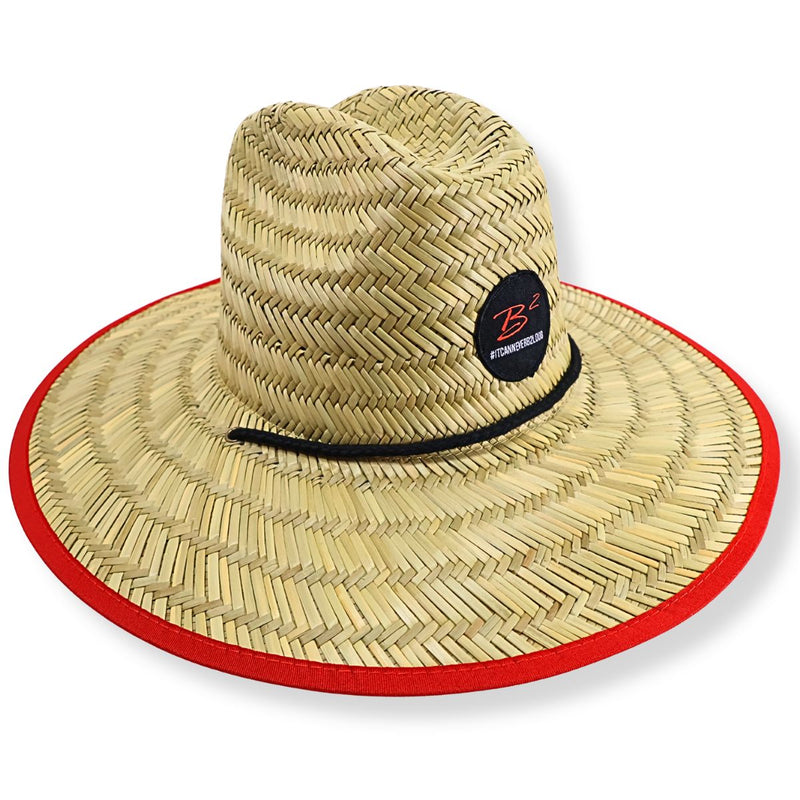 Shop the B2 Audio Wide Brim Straw Hat made from 100% natural grass with a wide brim, red trim, and B2 Audio details. Perfect for car shows and outdoor events. Hat Sideways view