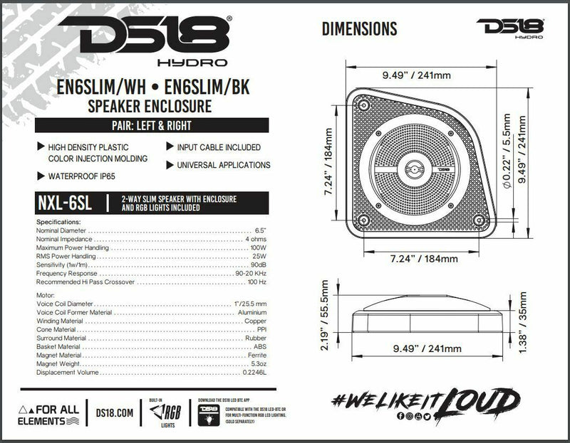 Pair of DS18 6.5" 100W 4 Ohm 2-Way RGB Slim Marine Speaker w/ Enclosure EN6SLIM