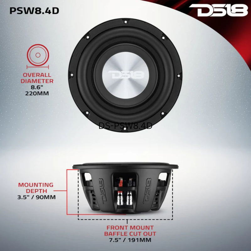 DS18 8" 400 Watt RMS Dual 4-Ohm Water Resistant Marine Audio Subwoofer PSW8.4D