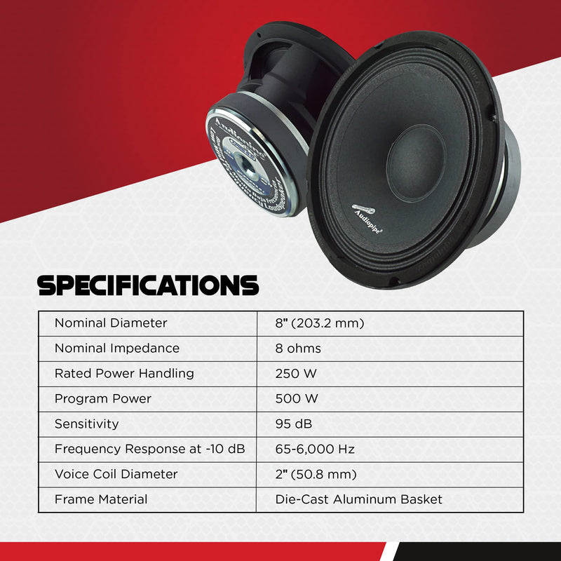 8-Ohm Dual 2" Voice Coil 250 Watts RMS 8" Mid Frequency Bass Loudspeaker