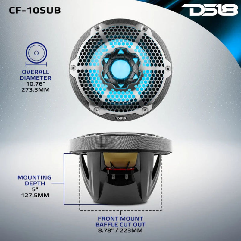 DS18 10" Marine Single Voice coil 4 Ohm 300W Subwoofer W/ LED RGB Lights CF10SUB