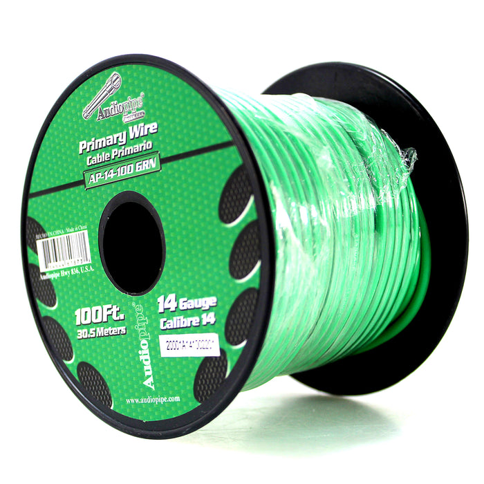 Audiopipe (2) 14ga 100ft CCA Primary Ground Power Remote Wire Spool Green/White