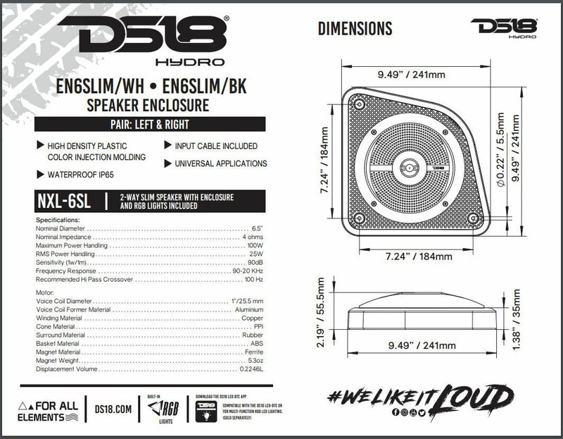 Pair of DS18 6.5" 100W 4 Ohm 2-Way RGB Slim Marine Speaker w/ Enclosure EN6SLIM