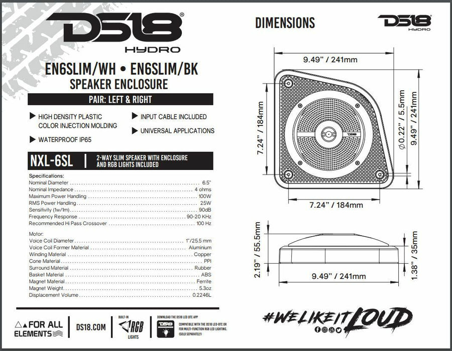 Pair of DS18 6.5" 100W 4 Ohm 2-Way RGB Slim Marine Speaker w/ Enclosure EN6SLIM