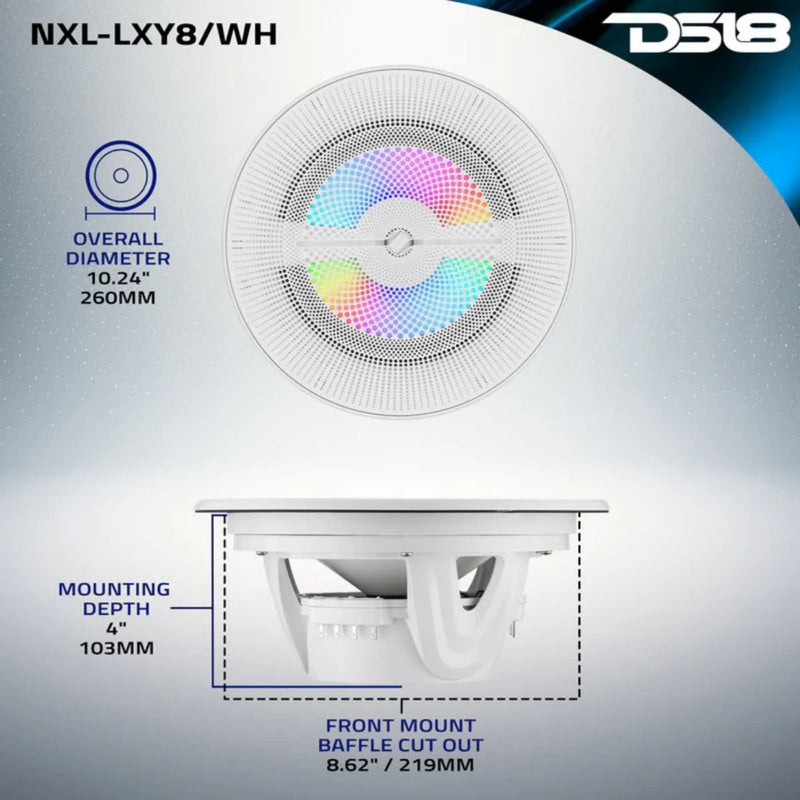 8" 175 W RMS 4-Ohm Marine Coaxial Speakers w Digital LED Ring NXL-LXY8 (Pair)