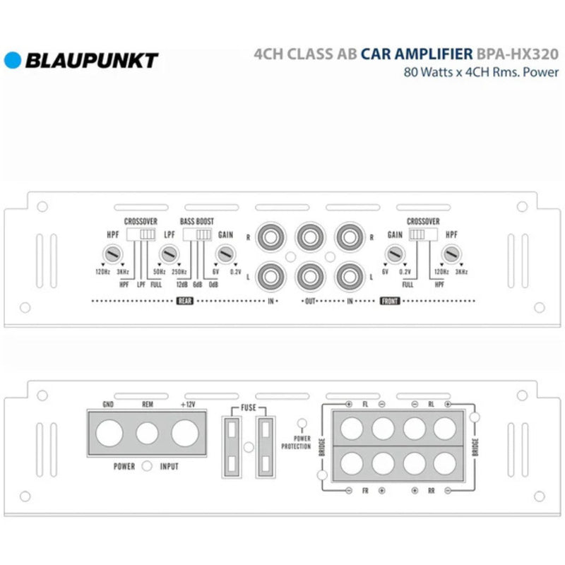 4-Channel 480W RMS 2 Ohms Class A/B Car Audio Amplifier Blaupunkt BPA-HX320