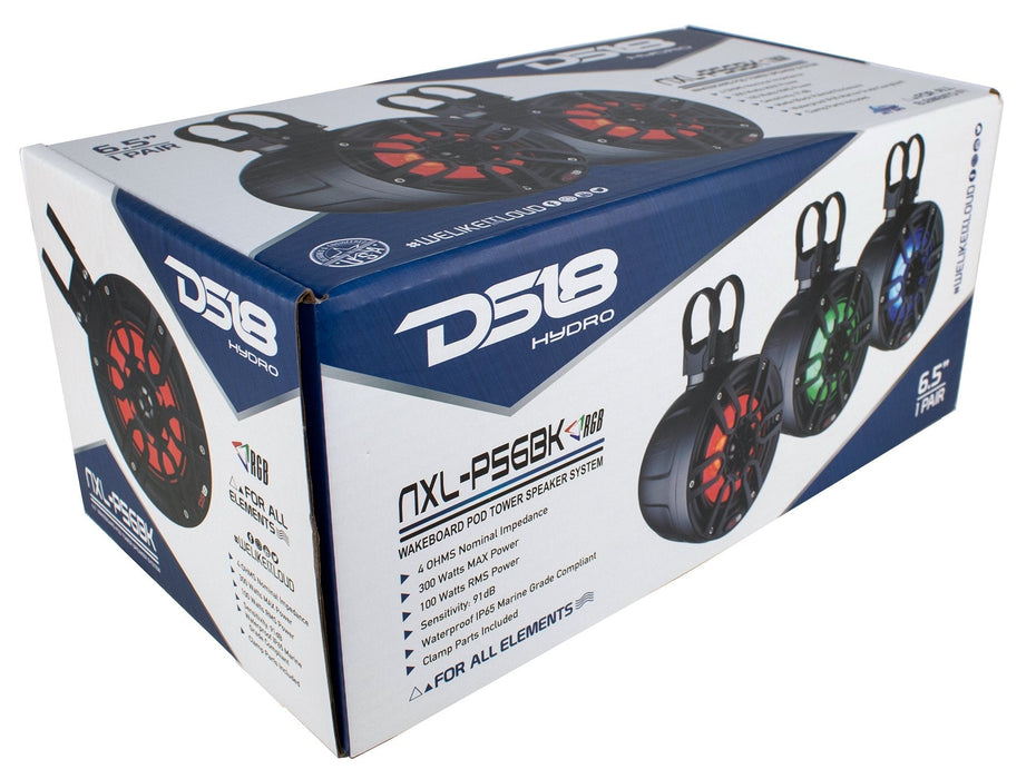 DS18 6.5" 300W Marine Pod Pair of Black Speakers with Integrated LED NXL-PS6BK