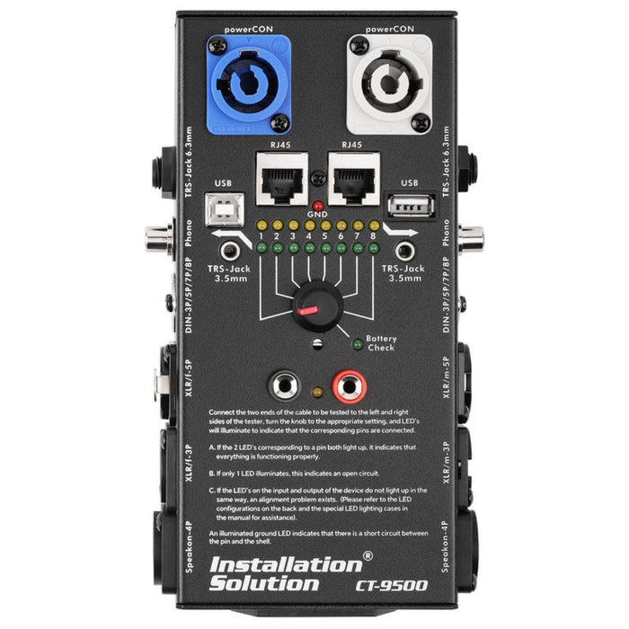 CT-9500 Universal Cable Tester for XLR, TRS, RCA, RJ45, USB, and SpeakON Cables