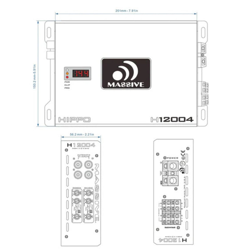 Massive Audio 200 Watts RMS 4-Ohm 4 Channel Full Range Class D Amplifier H12004