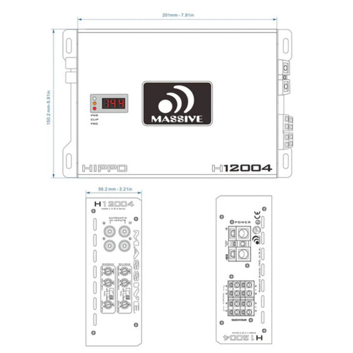 Massive Audio 200 Watts RMS 4-Ohm 4 Channel Full Range Class D Amplifier H12004