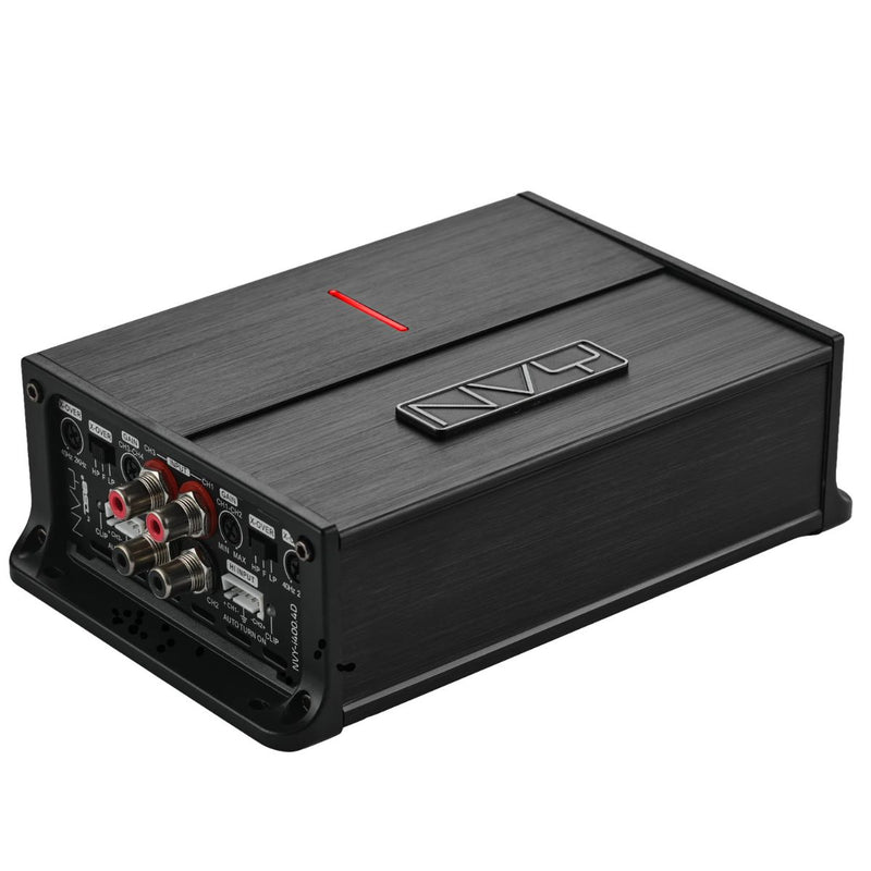 Compact 4-channel amplifier with 400W RMS x4. Perfect for motorcycles and powersports with clean power and easy install. Amplifier Angled View