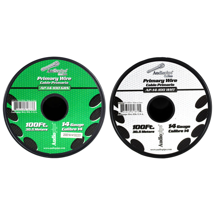 Audiopipe (2) 14ga 100ft CCA Primary Ground Power Remote Wire Spool Green/White