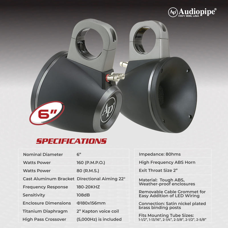 Audiopipe 6" 160W Marine Compression Driver Wakeboard Tower Speaker APMP-H505TWR
