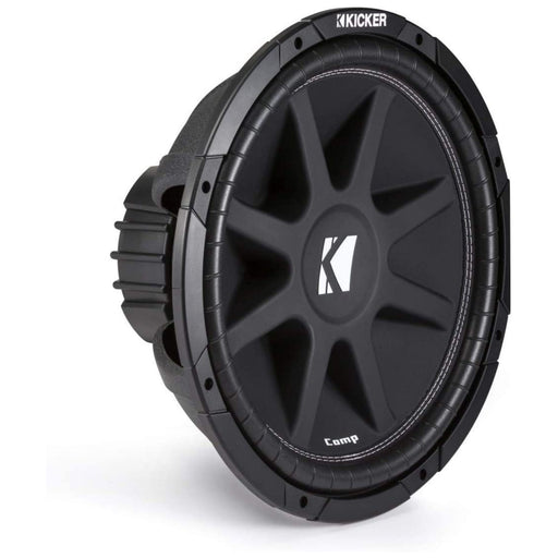 Kicker 43C124 Comp 12" subwoofer delivers deep bass at a great value. Single 4-ohm voice coil, 150W RMS recommended, 300W peak power. Subwoofer Side View