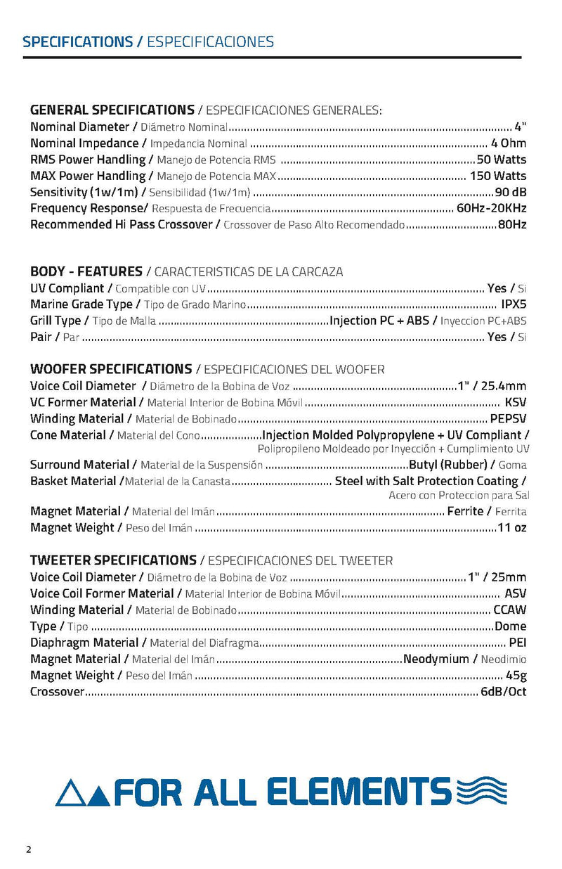 DS18 Hydro 4" 300 Watts 4 Ohm 2-Way Marine Speakers White Pair MP4