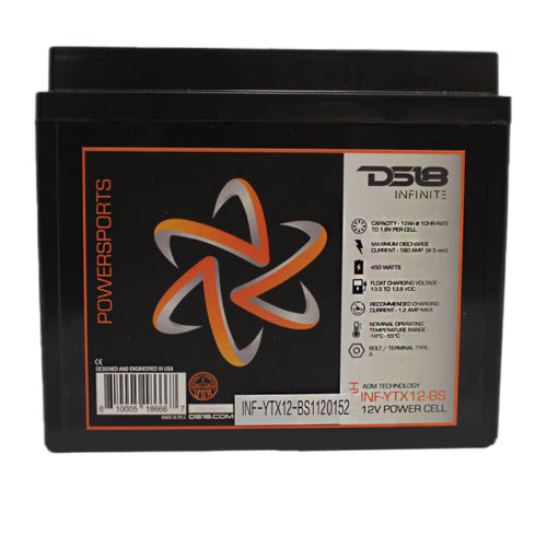 DS18 12V Moto Powersports Battery 450W 12 Amp Hours AGM INFINITE INF-YTX12-BS