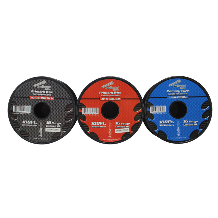 Audiopipe 3 Pack of 16 Ga 100 ft Spools CCA Primary Wire Red/Black/Blue