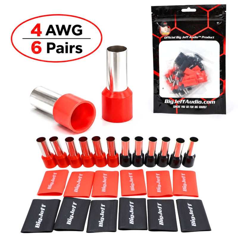 Big Jeff Audio 4 AWG Wire Ferrule & Heat Shrink Kit, 12 Ferrules, Red/Black