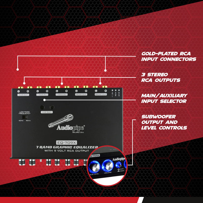 Audiopipe 7 Band 9V Line Driver with Subwoofer Control Graphic Equalizer EQ-709X
