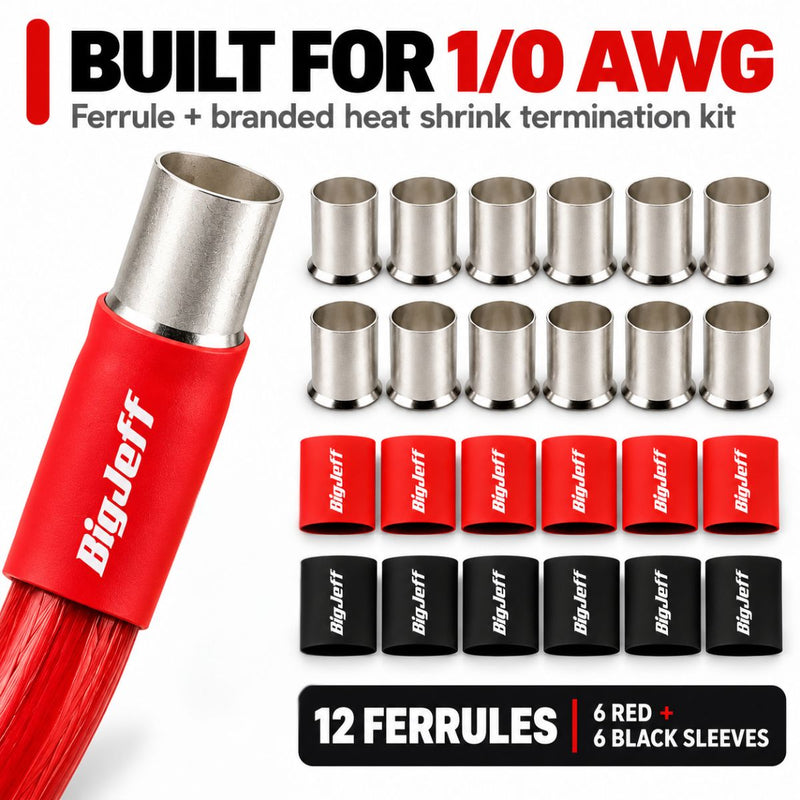 Big Jeff Audio 1/0 Gauge Wire Ferrule & Heat Shrink Kit, 12 Ferrules, Red/Black