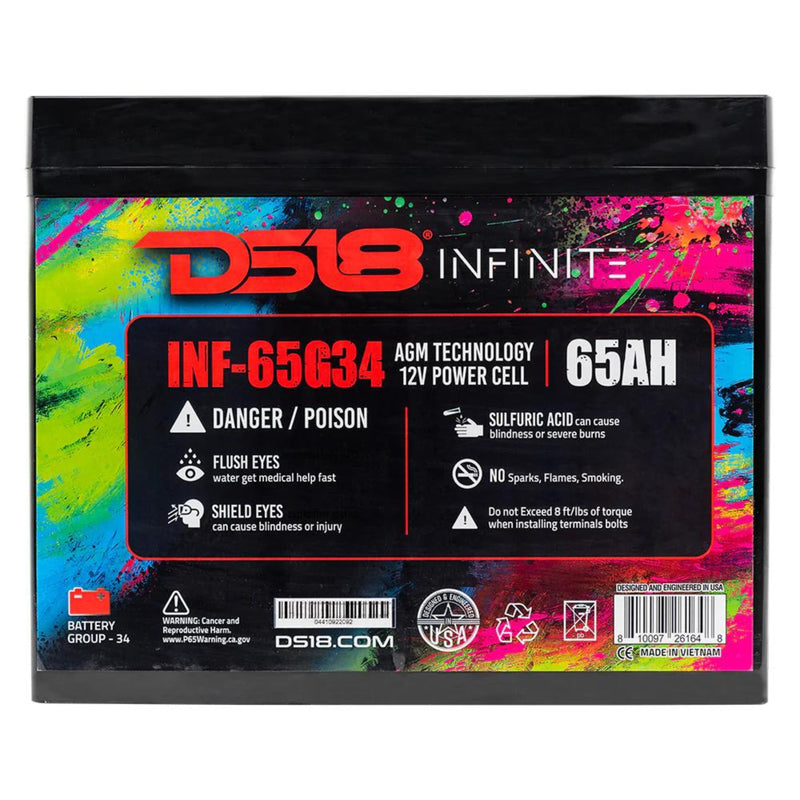 DS18 12 Volt Battery INFINITE 65AH 2000 Watt Group 34 780 AMP AGM INF-65G34AH