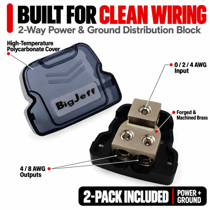 Big Jeff Audio 2-Way Distribution Power Ground Block 1x 0Ga 2x4 AWG 2 Pack