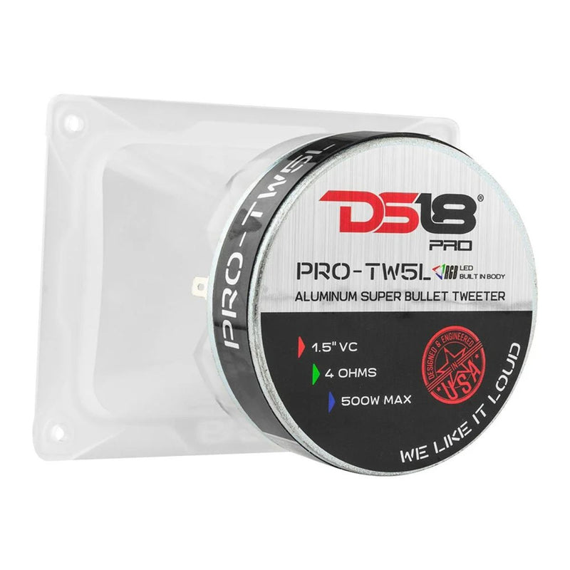 DS18 1.5" Aluminum 4-Ohm Vc Super Bullet Tweeter 250 Watt RGB LED Light PRO-TW5L