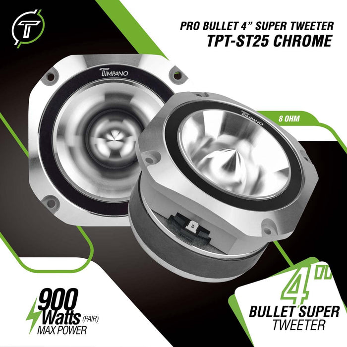 Timpano 4 Inch 900W 8 Ohm 1.5" VC Chrome PRO Bullet Super Tweeters Pair TPT-ST25