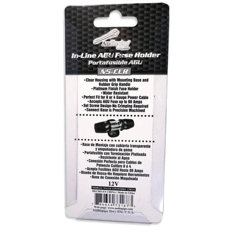 Audiopipe N5-CLR In-Line AGU Fuse Holder 4/8 AWG <80 Amp Water Resistant Clear