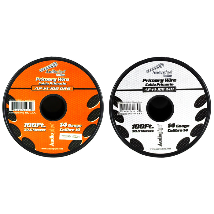 Audiopipe (2) 14ga 100ft CCA Primary Ground Power Remote Wire Spool Orange/White