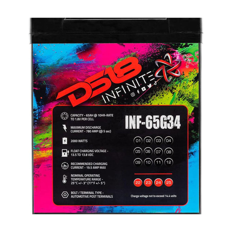 DS18 12 Volt Battery INFINITE 65AH 2000 Watt Group 34 780 AMP AGM INF-65G34AH