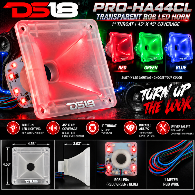 DS18 1" Throat Transparent RGB LED Horn 4.5° x 4.5° Square Twist-On PRO-HA44CL