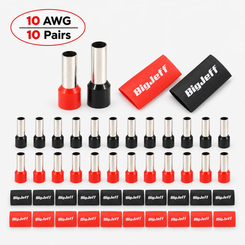 Big Jeff Audio 10 AWG Wire Ferrule & Heat Shrink Kit, 20 Ferrules, Red/Black