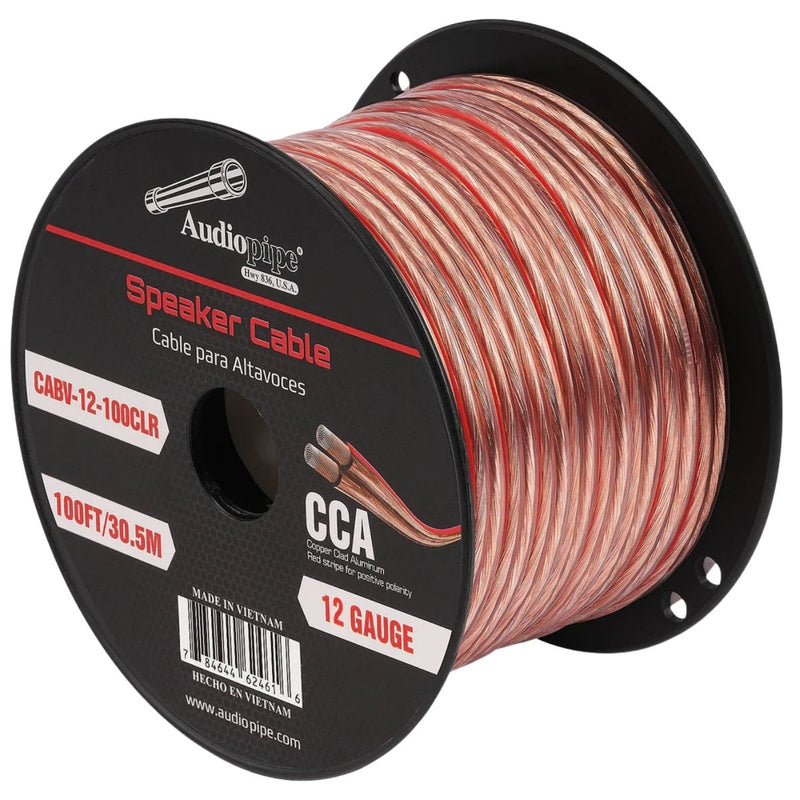 Audiopipe 12 Gauge (AWG) CCA Clear Speaker Wire w/ Red Stripe 100 Feet