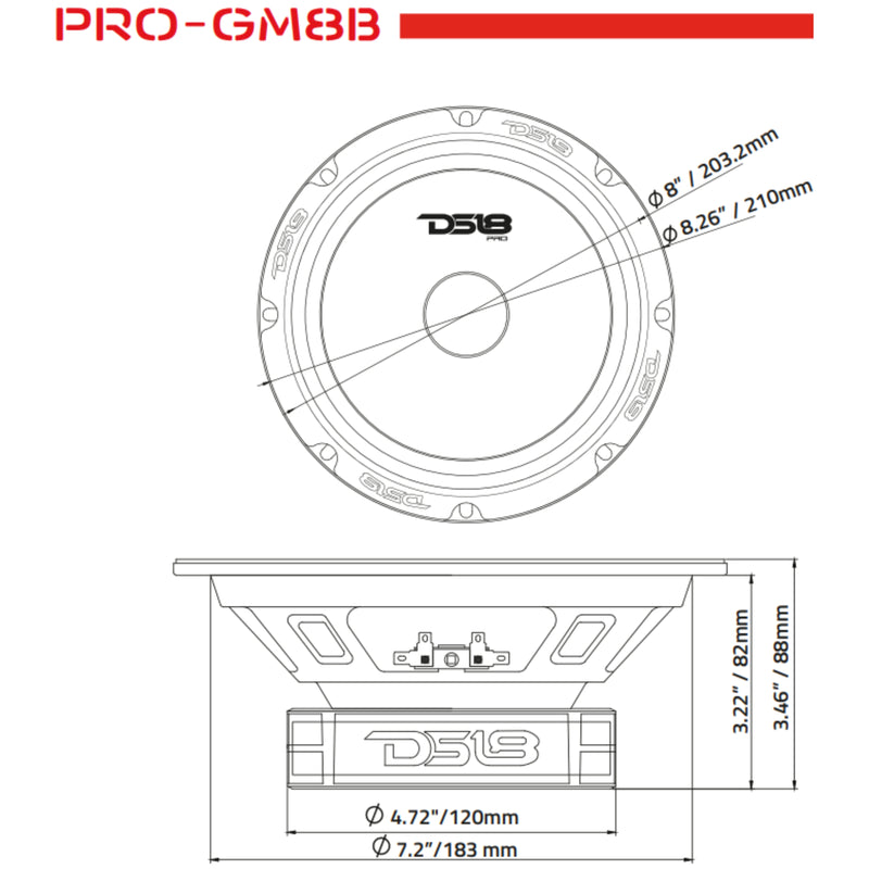 DS18 8" Mid Range 8 Ohm 580 Watts Loud Speaker With Aluminum Bullet PRO-GM8B