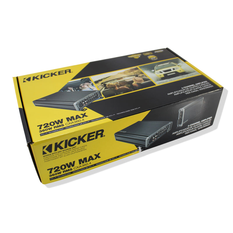 Kicker Full Range 4 Channel Car Amplifier Class A/B 360W RMS 2 Ohm + Install Kit