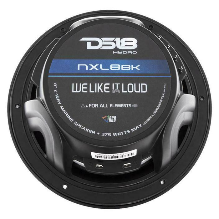 DS18 Pair 8" 125W 4 Ohm Marine Speakers Black Power Sport RGB LED NXL8BK