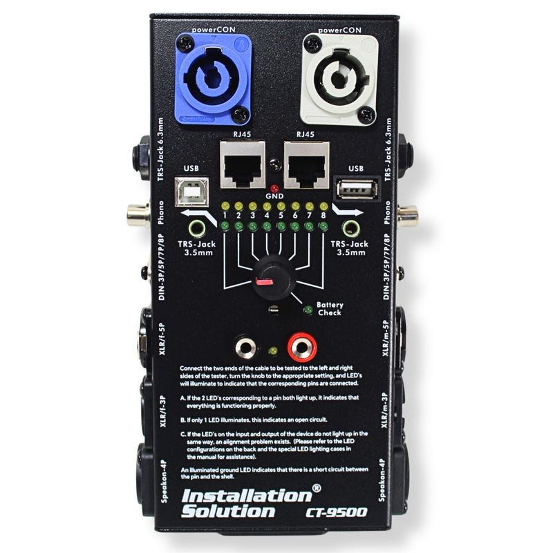 CT-9500 Universal Cable Tester for XLR, TRS, RCA, RJ45, USB, and SpeakON Cables