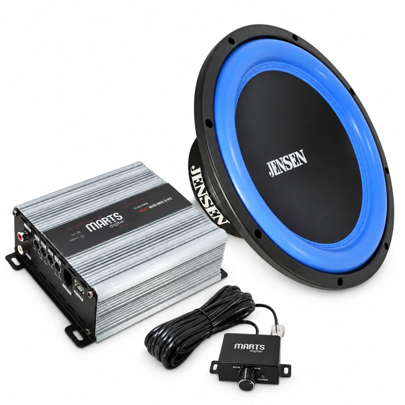 Jensen JW124 12-inch black subwoofer with blue surround, Marts Digital MXD-800-2-V2 mono amplifier, and wired remote bass control on a white background.