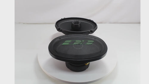 Deaf Bonce Apocalypse 6X9" Coaxial 200W RMS 4-Ohm Speakers W/ Grills / AP-X69A 30 second product video of the top and bottom rotating on a white lazy Susan.