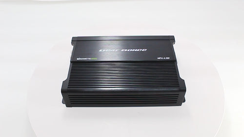 Product video showcasing the Deaf Bonce MFA-4.120 4-channel amplifier, highlighting features, power output, terminal layout, and compact Class D design.