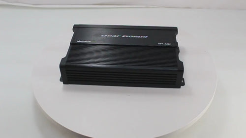 Product video showcasing the Deaf Bonce MFA-4.220 amplifier, highlighting features, power output, terminal layout, and compact Class D design.